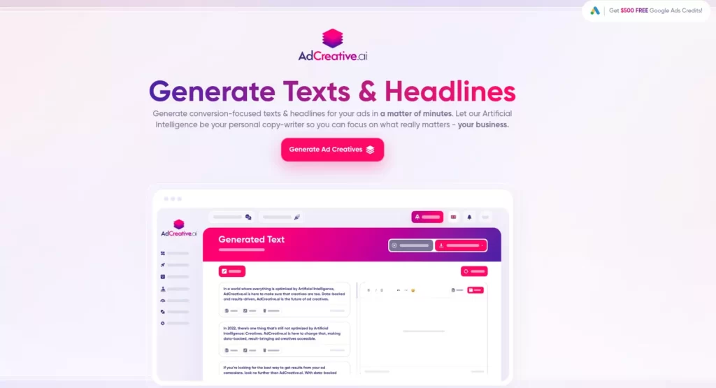 adcreative.ai generates txt & headlines