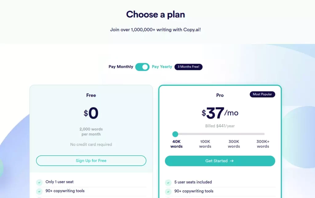 Copy.ai Yearly Pricing