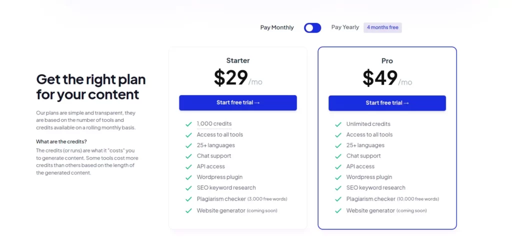 Copymatic.ai Monthly Pricing