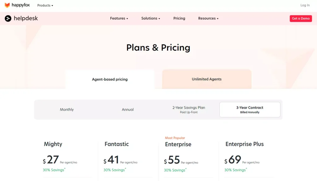 Happyfox 3 years pricing plan