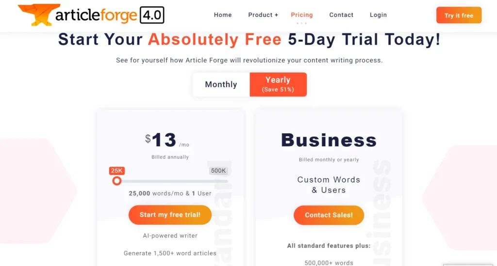 Article forge AI writing software pricing