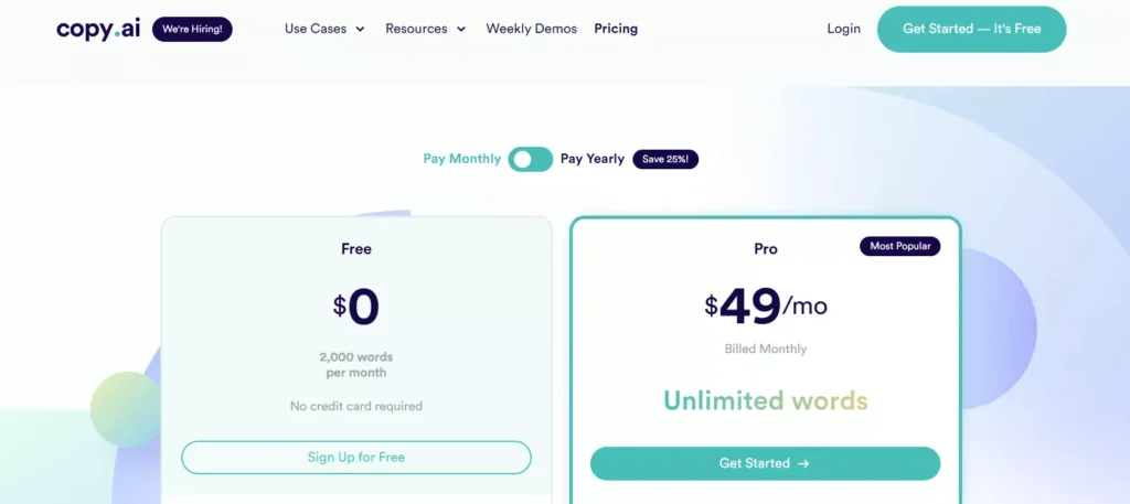 Copy.ai Pricing