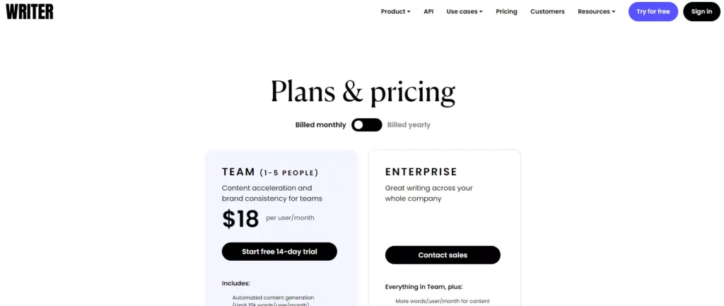 Writer pricing plan